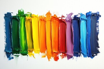 Colorful vertical arrangement of paint strokes showcases a spectrum from green to purple on a bright white surface, evoking creativity