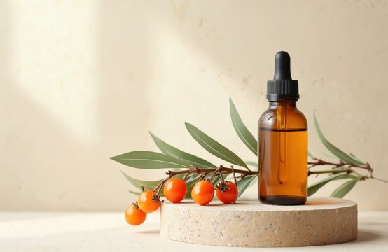 Essentail oil bottle and branch of sea-buckthorn with berries, leaves on stone podium. Natural cosmetic seabuckthorn still life concept. Ingredient for spa skin care, anti-aging vitamin therapy.