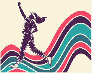 Retro Sporty Woman Jumping with Motivation. Stylized vector illustration of a sporty woman jumping with her fist up in a dynamic pose. Retro abstract background with colorful curved lines adds energy.