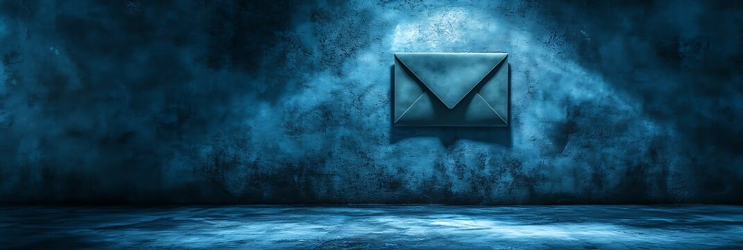 Illuminated email envelope on grungy blue wall background. For communication and marketing concepts