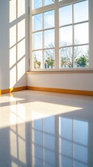 Warm sunlight casting shadows on smooth gray surface cozy interior close-up perspective minimalist design