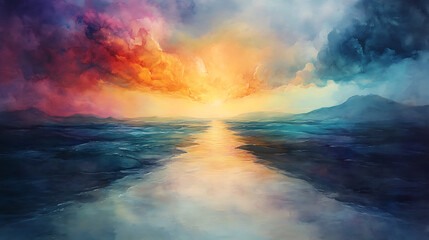 Obraz premium A stylized, painterly interpretation of the biblical landscape, with a glowing stream of water weaving through the sand, creating an oasis-like contrast in the barren desert.