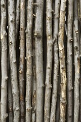 Naklejka premium Close Up of Many Wooden Sticks Stacked Together Forming a Wall Texture