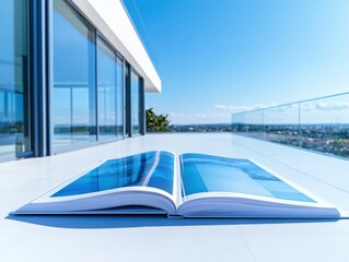 Obraz premium Elegant open book displaying scenic photography modern architecture terrace photography showcase bright natural light low angle viewpoint inspirational concepts