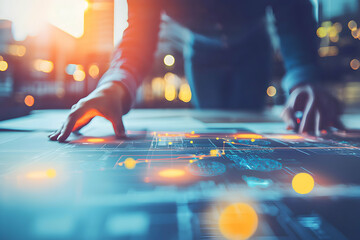 Analyzing Data on Futuristic Interface with City Lights and Technology