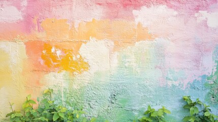 Vibrant Abstract Wall with Colorful Brush Strokes and Green Foliage