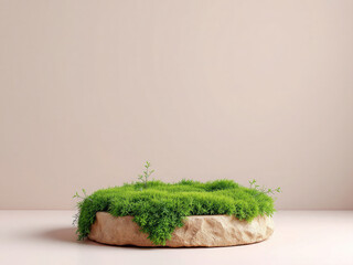Natural Brown stone covered by green moss Abstract podium for organic cosmetic products with pastel green studio shot