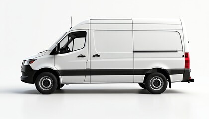 Fototapeta premium Side view of modern white delivery van isolated on white background. Ideal for branding, advertising needs, clean van conveys reliability, efficiency in transportation, logistics, delivery services.