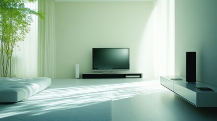 Bright Living Room with Sleek TV Unit and White Walls