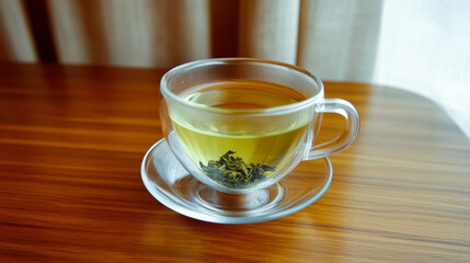 Fototapeta premium Enjoying a Calming Moment With a Brewed Green Tea in a Clear Funnel Shaped Glass Cup