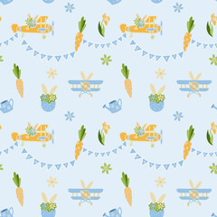 Seamless pattern with Easter bunny, airplane, carrots and flowers on a blue background