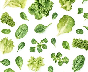 Fresh Leafy Greens Pattern on White Background