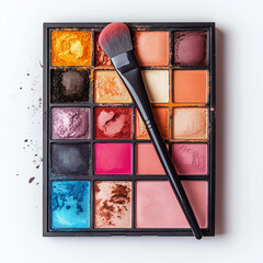 A makeup mixing palette with a spatula placed on white offers creative beauty artistry inspiration