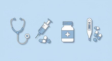 Medical Equipment Still Life with Stethoscope Syringe Pills and Thermometer