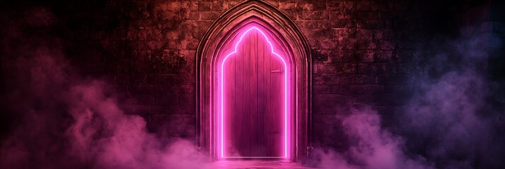 Glowing doorway in a dark brick wall, smoke background for fantasy, mystery, concept, design
