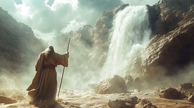 A wide-angle shot of Moses in flowing robes, raising his staff before striking the rock. Water bursts forth like a divine waterfall, sparkling in the sunlight.