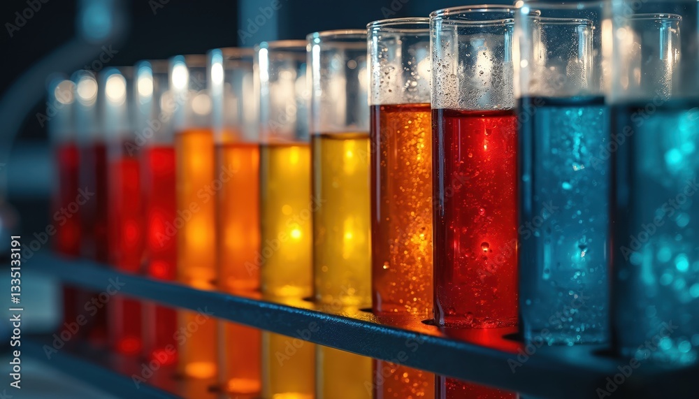 Poster colorful test tubes filled various liquids at laboratory during scientific experiment, create vibran