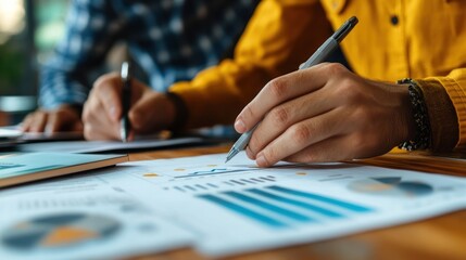 Close-up of businesspeople reviewing financial documents and charts.