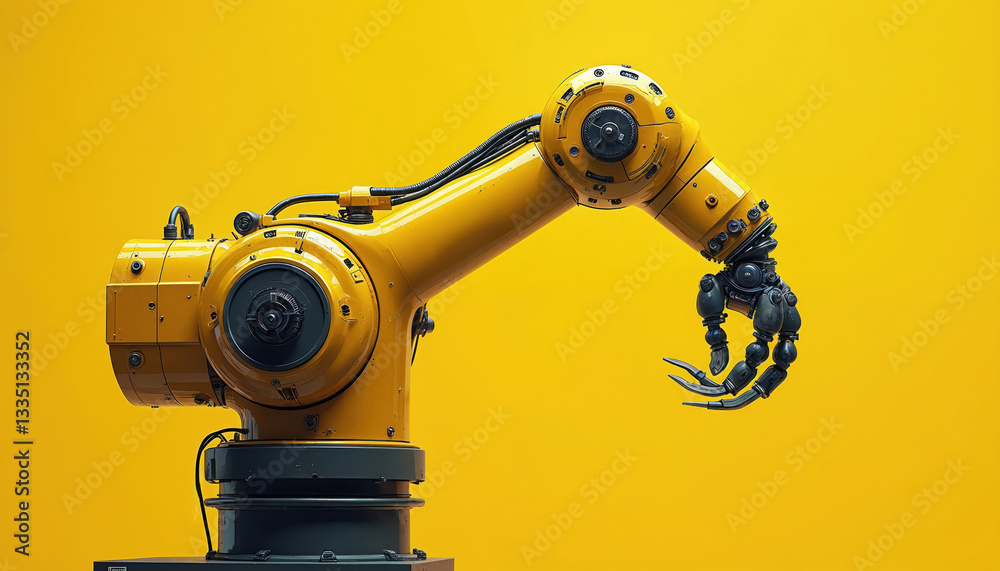 Poster yellow robot arm open claw. machine tech industrial, engineering, mechanical equipment for factory a