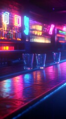 Neon bar counter with empty glasses. Night club atmosphere. Possible use stock photo for bar, nightlife, or entertainment