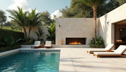 Outdoor pool area with lounge zone near modern villa. Garden with exotic tropical plants, palms, fireplace for summer vacation holidays, private relax and spa treatments at home.