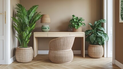 A chic home office with a light maple wood desk, a soft rattan chair, and lush green plants in ceramic and wicker pots on the floor