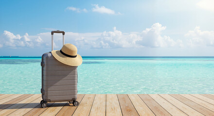 Obraz premium Suitcase and Straw Hat on Wooden Dock, Tropical Beach Background, Summer Vacation and Travel Concept