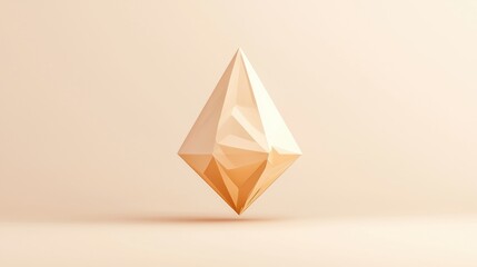 A geometric object with a triangular base and pointed top, set against a light beige background.