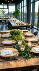 Rustic brunch table arrangement modern venue event photography candlelit atmosphere side view nature-inspired decor