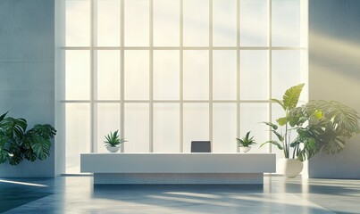Bright modern office with huge window and minimalistic decor elements.