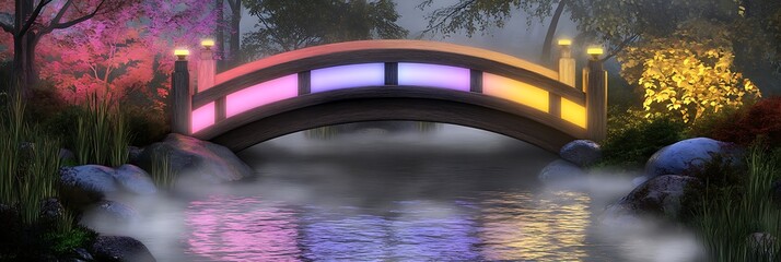Glowing bridge over water in a misty garden with colorful lights. Background of trees, for nature, zen