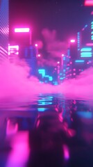 Neon city skyline at night, glowing lights and reflections, futuristic atmosphere, digital art