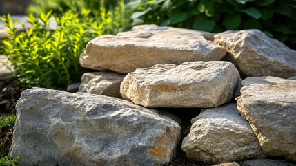 Natural Landscape With Smooth Stones Piled In A Garden Setting