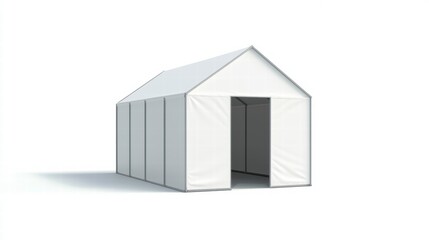 Prefabricated Structure: A pristine, industrial-style prefabricated structure featuring a sharp, geometric design. The entrance stands open, hinting at the space within.