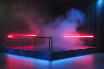 Stage illuminated by red and blue neon lights with atmospheric smoke in a studio setting