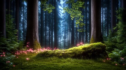 Obraz premium Enchanting mystical forest floor glows with ethereal light amidst towering trees.