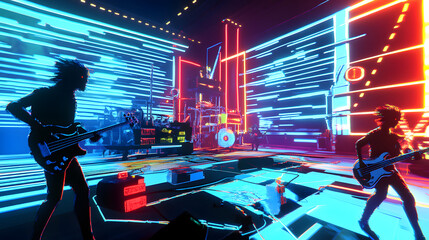Fototapeta premium An AI-driven rock band playing an electrifying set in a cyber arena.