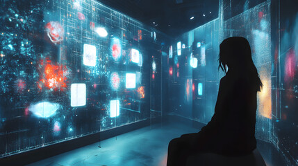 Naklejka premium An AI-driven system that translates fleeting thoughts into surreal visual art, displayed as interactive holograms in a futuristic space.
