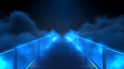 Illuminated bridge leads through foggy atmosphere, dramatic pathway to an unknown destination
