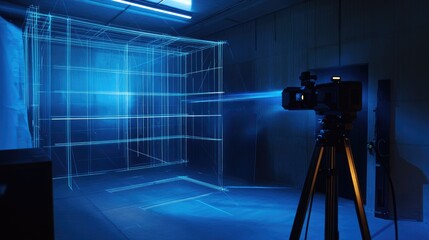 High-Tech Studio Setup with Laser Projection and Camera in a Dark Environment for Creative Visual Production