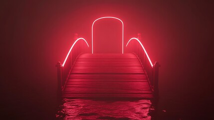 Red bridge with neon arch over water against a dark, foggy backdrop for mystery