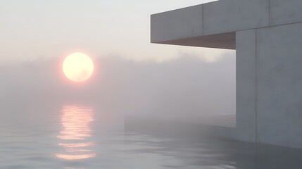 Modern building on water at sunset, mist around horizon, possible real estate use