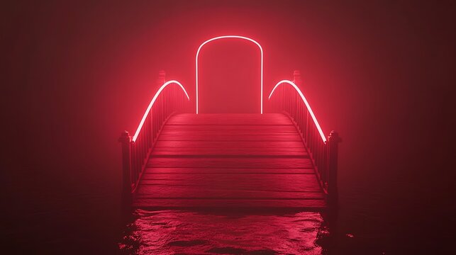Red bridge with neon arch over water against a dark, foggy backdrop for mystery - Powered by Adobe