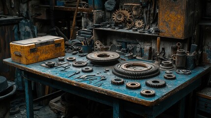 Dusty workbench strewn with assorted gears, tools, and metal parts