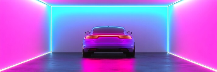 Futuristic car inside neon lit room, vibrant background, modern automotive design, showroom concept