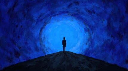 Silhouette of man walking towards bright light in dark tunnel, symbolizing hope, faith, success, future, and freedom