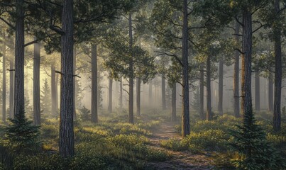 Obraz premium Scenic forest landscape with tall pine trees and soft mist creating a serene atmosphere, golden light filtering through the foliage, peaceful nature retreat,