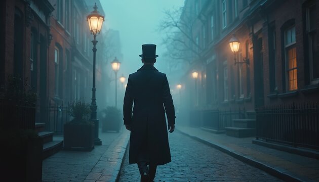 Rear view of man walking down cobblestone street at foggy night. Old victorian era, dark mystery mood. Person in coat, hat walks past vintage lamp post at London street. Urban exploration,