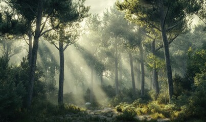 Obraz premium Sunlight filtering through tall trees in a serene forest.