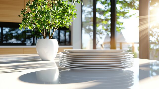 Durable microwave-safe plates shining in afternoon light on kitchen countertop overhead angle for clarity